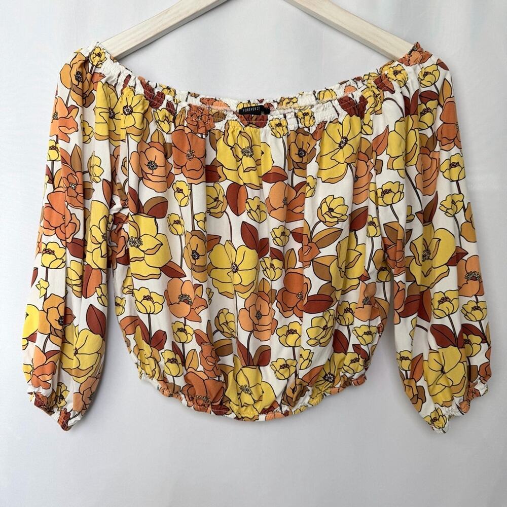 Forever 21 Floral Off-Shoulder Blouse in Orange and Yellow, Women’s Small